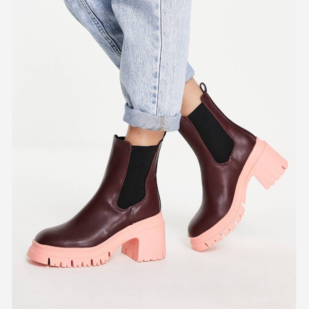 Brand New ASOS Rio mid heel Chelsea boots burgundy and pink 9
